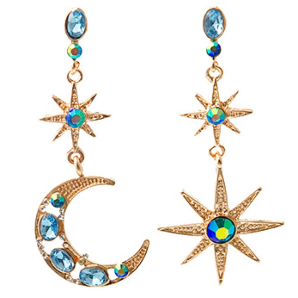 DESIGNER Celestial Gold Star & Moon Topaz Blue/Iridescent Blue Crystal Earrings